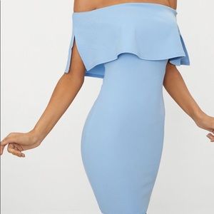 Dusty Blue Frill Bardot Bodycon Dress